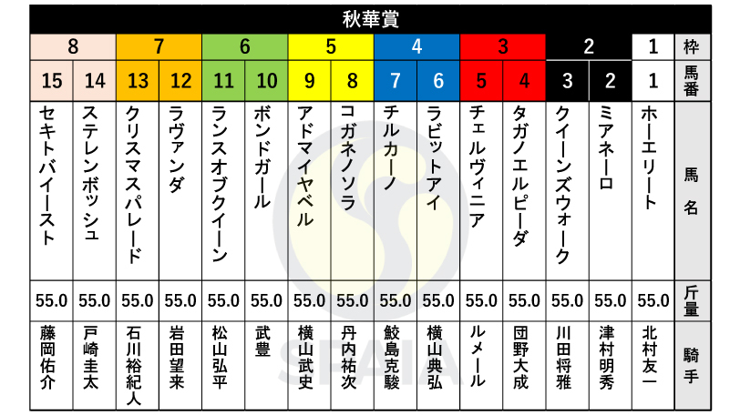 【秋華賞枠順】オークス馬チェルヴィニアは3枠5番　桜花賞馬ステレンボッシュは8枠14番