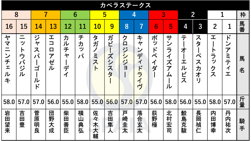 【カペラS枠順】地方重賞3連勝中のヤマニンチェルキは8枠16番　昨年覇者ガビーズシスターは5枠9番
