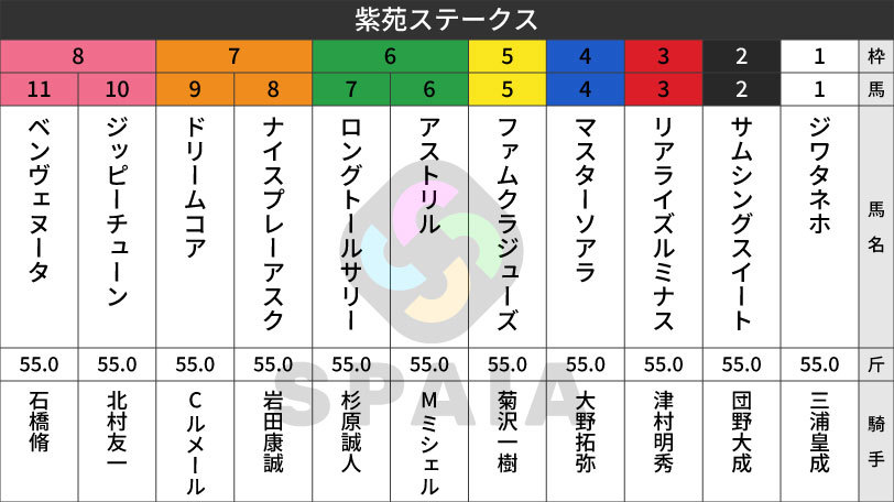 【紫苑S枠順】オークス2着馬ドリームコアは7枠9番 桜花賞3着のジッピーチューンは8枠10番