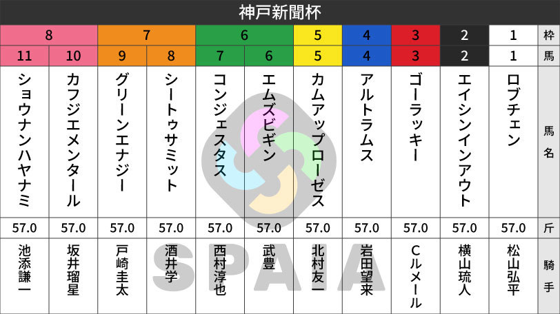 【神戸新聞杯枠順】二冠馬ロブチェンは1枠1番 京都新聞杯勝ち馬コンジェスタスは6枠7番