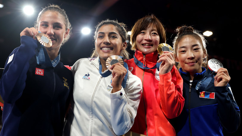 パリ五輪柔道女子48キロ級で優勝した角田夏実らメダリストたち,Ⓒゲッティイメージズ