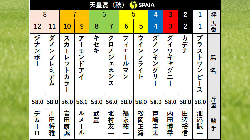 2020年天皇賞(秋)枠順ⒸSPAIA