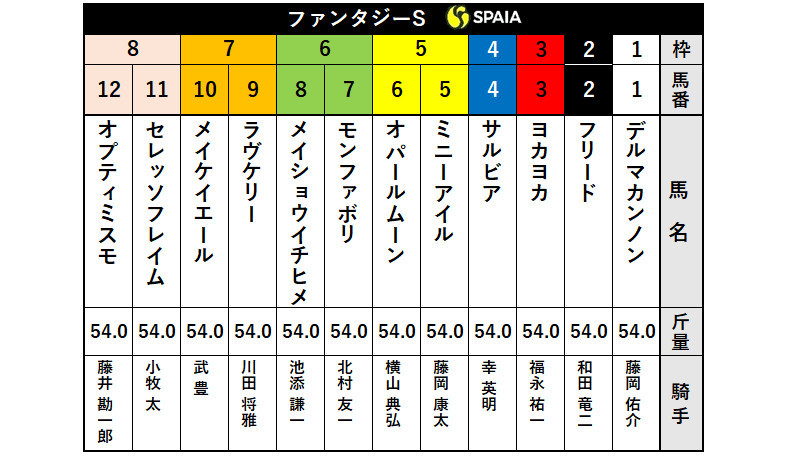【ファンタジーS枠順】3連勝中の九州産馬ヨカヨカは3枠3番、メイケイエールは7枠10番