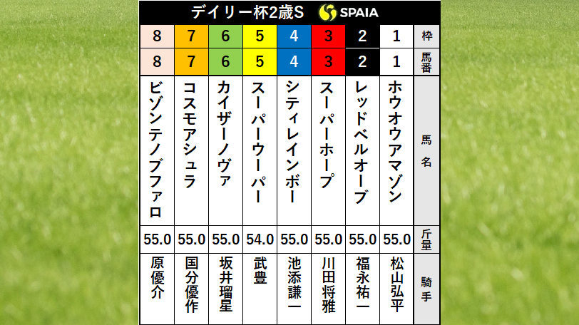【デイリー杯2歳S枠順】2歳レコードホルダーのレッドベルオーブは2枠2番、ホウオウアマゾンは1枠1番