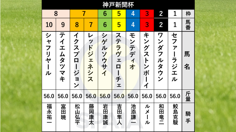 【神戸新聞杯枠順】日本ダービー馬シャフリヤールは8枠10番、春二冠3着のステラヴェローチェは5枠5番