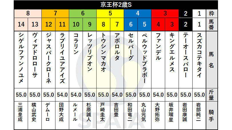 【京王杯2歳S枠順】カンナS勝ち馬コラリンは6枠10番、ベルウッドブラボーは4枠5番
