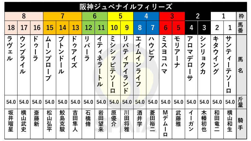 【阪神JF枠順】アルテミスS勝ち馬ラヴェルは8枠18番、リバティアイランドは5枠9番