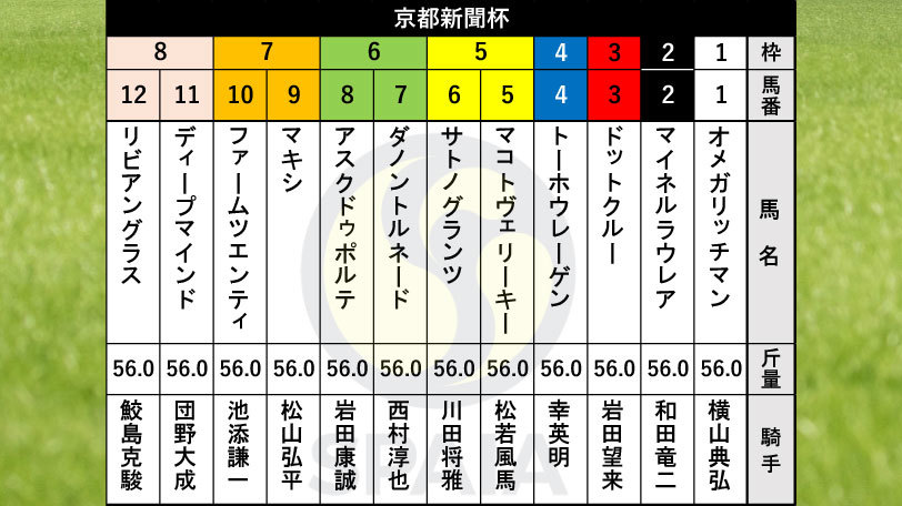 【京都新聞杯枠順】毎日杯3着のドットクルーは3枠3番、ゆきやなぎ賞勝ち馬サトノグランツは5枠6番