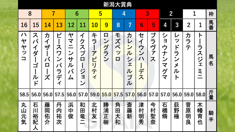【新潟大賞典枠順】GⅠ馬キラーアビリティは5枠10番、4連勝中のスパイダーゴールドは8枠15番