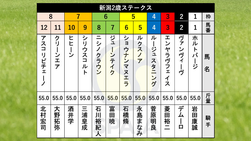 【新潟2歳S枠順】東京新馬戦を圧勝したアスコリピチェーノは8枠12番、Arrogateの姪ルージュスタニングは4枠4番