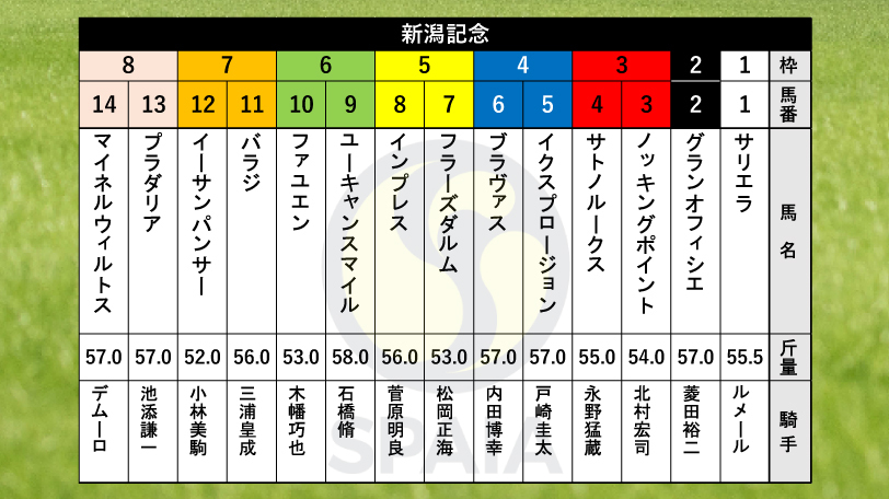 【新潟記念枠順】C.ルメール騎手騎乗のサリエラは1枠1番、日本ダービー5着のノッキングポイントは3枠3番