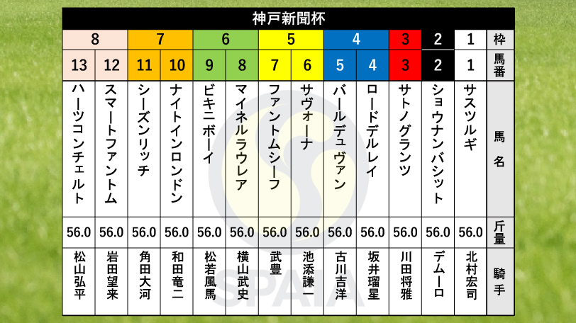 【神戸新聞杯枠順】日本ダービー3着のハーツコンチェルトは8枠13番、皐月賞3着のファントムシーフは5枠7番