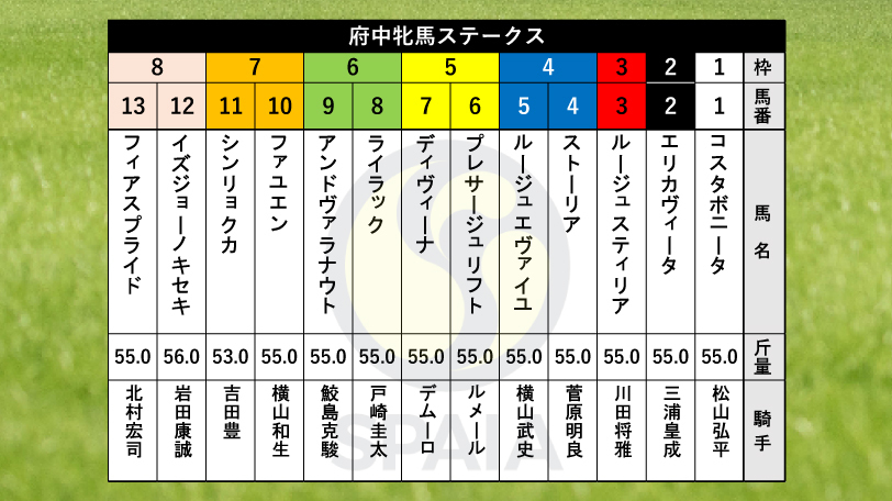 【府中牝馬S枠順】マイル重賞連続2着のディヴィーナは5枠7番、エプソムC2着のルージュエヴァイユは4枠5番