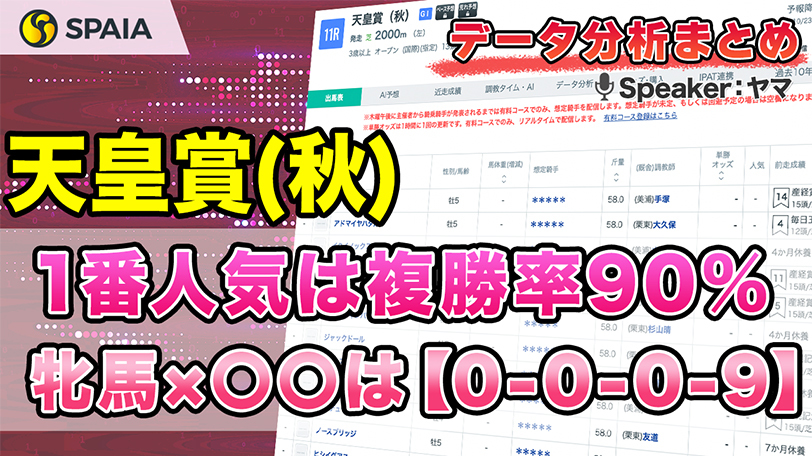 【天皇賞（秋）データ分析】1番人気6勝で複勝率90%、牝馬は条件次第で3着内なし！　馬番・枠番別成績などデータで徹底分析【動画あり】