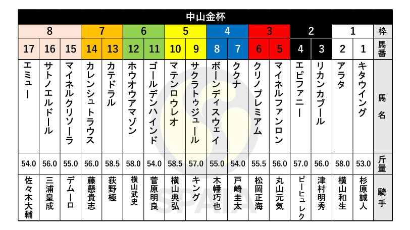 【中山金杯枠順】凱旋門賞ジョッキー・ピーヒュレク騎手騎乗エピファニーは2枠4番、トップハンデのマテンロウレオは5枠10番