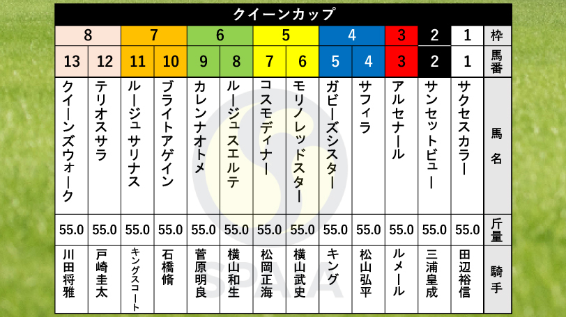 【クイーンC枠順】アルテミスS2着のサフィラは4枠4番、ナミュールの妹アルセナールは3枠3番