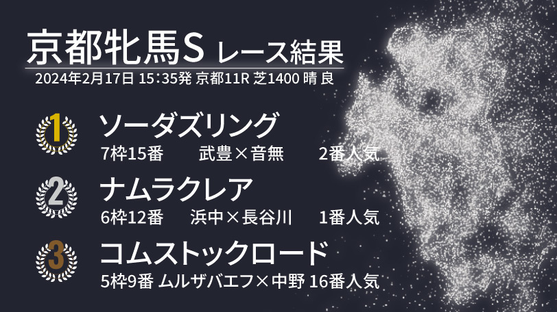 【京都牝馬S結果速報】ソーダズリングが重賞初制覇！武豊騎手は38年連続のJRA重賞勝利　1番人気ナムラクレアは2着