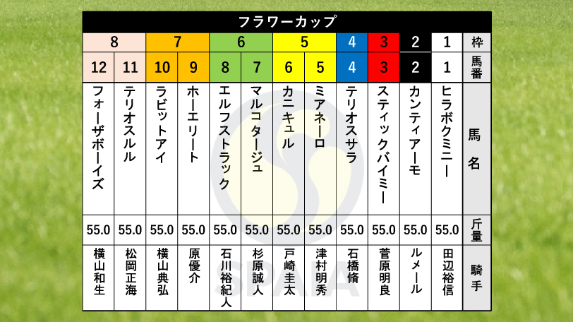 【フラワーC枠順】戸崎圭太騎手騎乗のカニキュルは5枠6番、C.ルメール騎手騎乗のカンティアーモは2枠2番