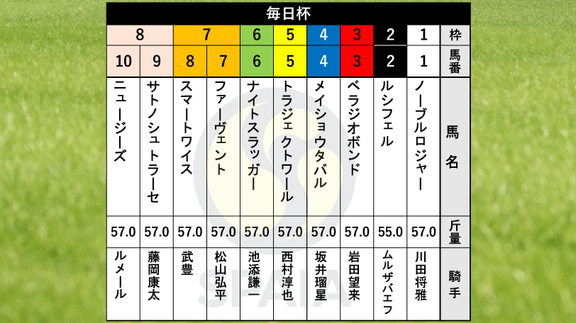 【毎日杯枠順】シンザン記念勝ち馬ノーブルロジャーは1枠1番　ミッキークイーンの弟ニュージーズは8枠10番