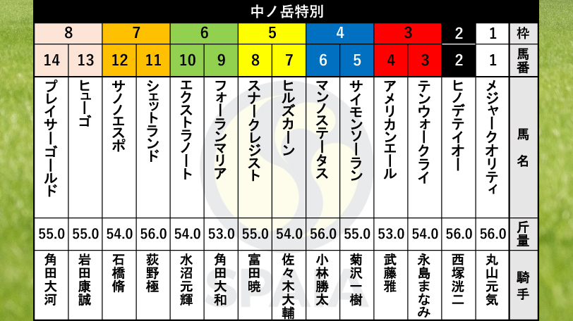 【中ノ岳特別枠順】テンウォークライ、アメリカンエールが注目の3枠に　3枠が勝率20%で最高、外枠の戦いも期待【AI記事】