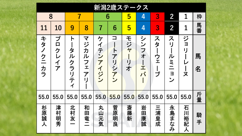 【新潟2歳S枠順】新馬戦5馬身差圧勝のコートアリシアンは6枠6番　森秀行厩舎の外国産馬シンフォーエバーは4枠4番