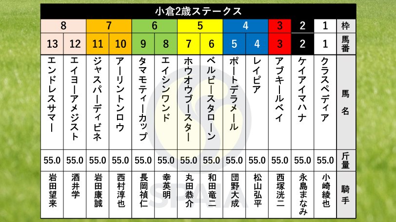 【小倉2歳S枠順】函館2歳S3着のエンドレスサマーは8枠13番　森秀行厩舎の外国産馬ジャスパーディビネは7枠11番