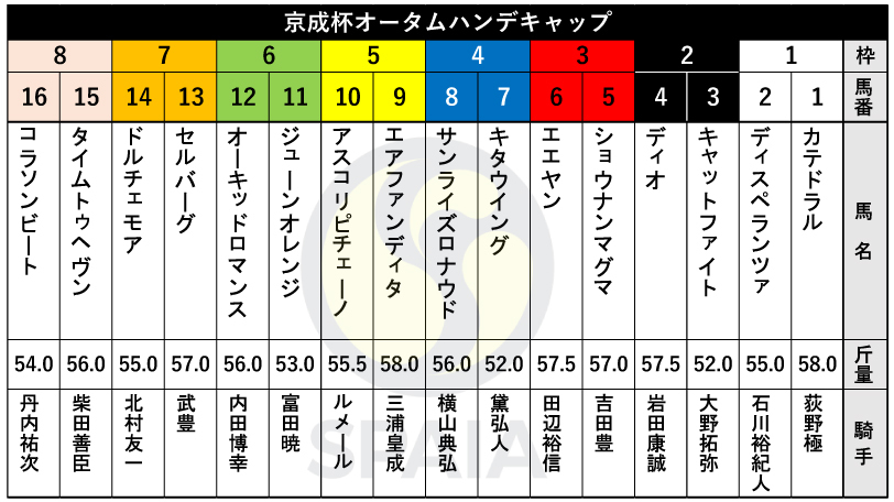 2024年京成杯オータムハンデキャップの枠順,ⒸSPAIA