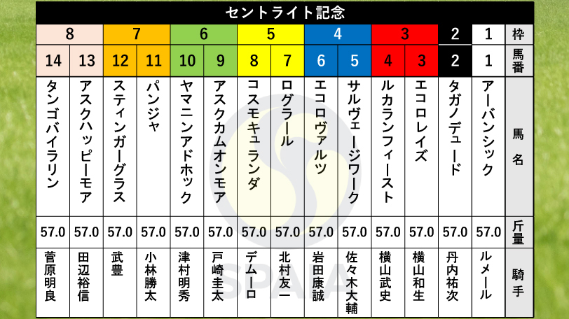 【セントライト記念枠順】皐月賞2着馬コスモキュランダは5枠8番　C.ルメール騎手騎乗のアーバンシックは1枠1番