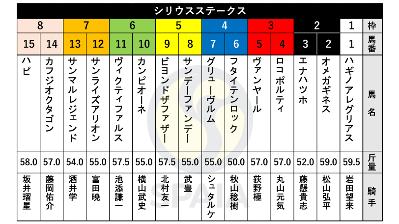 【シリウスS枠順】東海S2着のオメガギネスは2枠2番　昨年の覇者ハギノアレグリアスは1枠1番