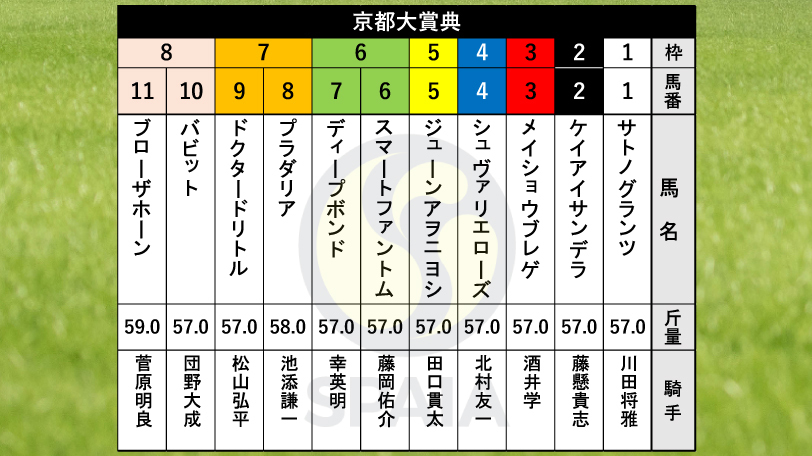 【京都大賞典枠順】宝塚記念勝ち馬ブローザホーンは8枠11番　GⅡ通算3勝のプラダリアは7枠8番