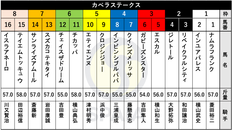 【カペラS枠順】JBCスプリント2着のチカッパは6枠11番　重賞初挑戦のインビンシブルパパは4枠8番