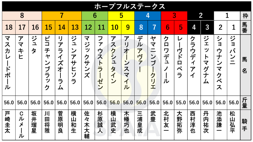 【ホープフルS枠順】東スポ杯2歳S勝ち馬クロワデュノールは3枠6番　札幌2歳Sの覇者マジックサンズは6枠12番