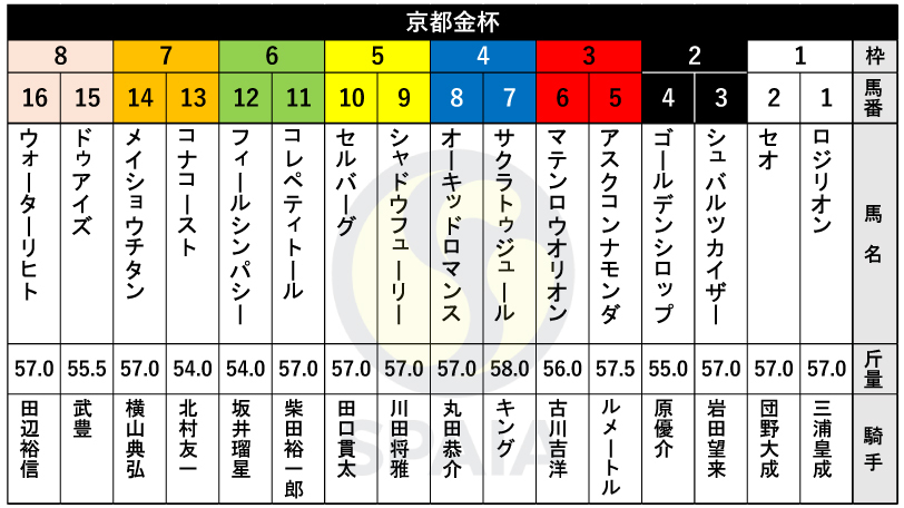 【京都金杯枠順】武豊騎手と新コンビのドゥアイズは8枠15番　リゲルS快勝で勢いに乗るシャドウフューリーは5枠9番