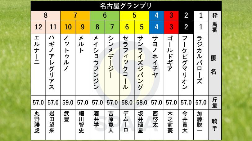 【名古屋グランプリ枠順】フェブラリーS2着のサンライズジパングは5枠5番　昨年“圧巻レコードV”ノットゥルノは7枠10番　