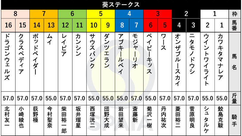【葵S枠順】ファンタジーS勝ち馬ダンツエランは5枠9番　無傷2連勝のウイントワイライトは1枠2番