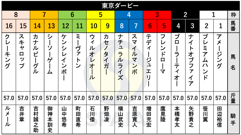 2025年東京ダービーの枠順,ⒸSPAIA