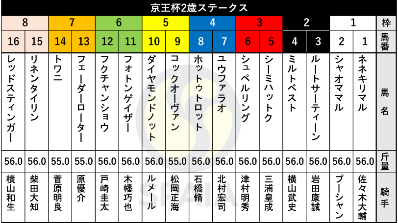 【京王杯2歳S枠順】もみじS2着ダイヤモンドノットは5枠10番　カンナS2着ユウファラオは4枠7番