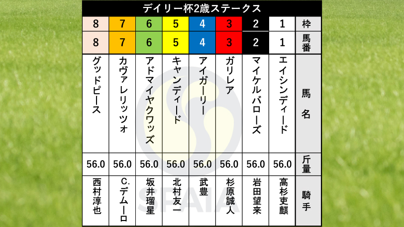 【デイリー杯2歳S枠順】中京2歳S勝ち馬キャンディードは5枠5番　函館2歳Sを逃げ切ったエイシンディードは1枠1番