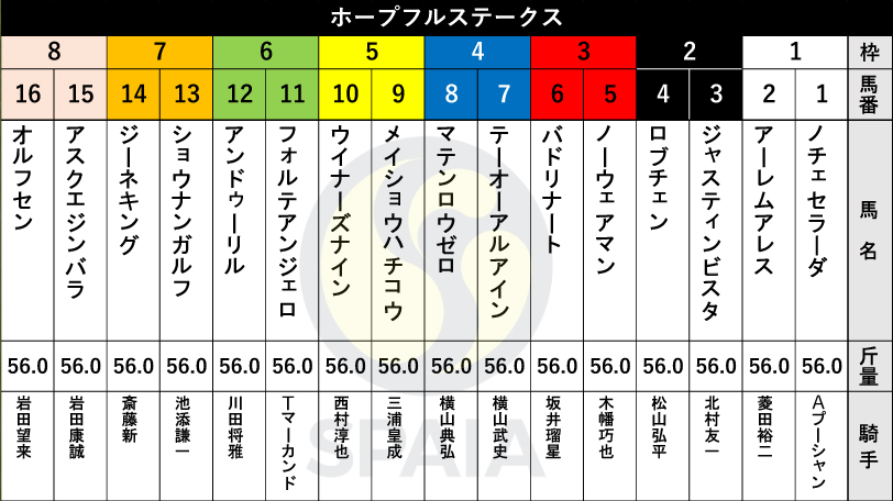 【ホープフルS枠順】京都2歳Sを制したジャスティンビスタは2枠3番　札幌2歳Sの勝ち馬ショウナンガルフは7枠13番