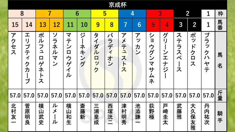 【京成杯枠順】百日草特別勝ちの2勝馬アッカンは4枠6番　札幌2歳S2着馬ジーネキングは6枠10番