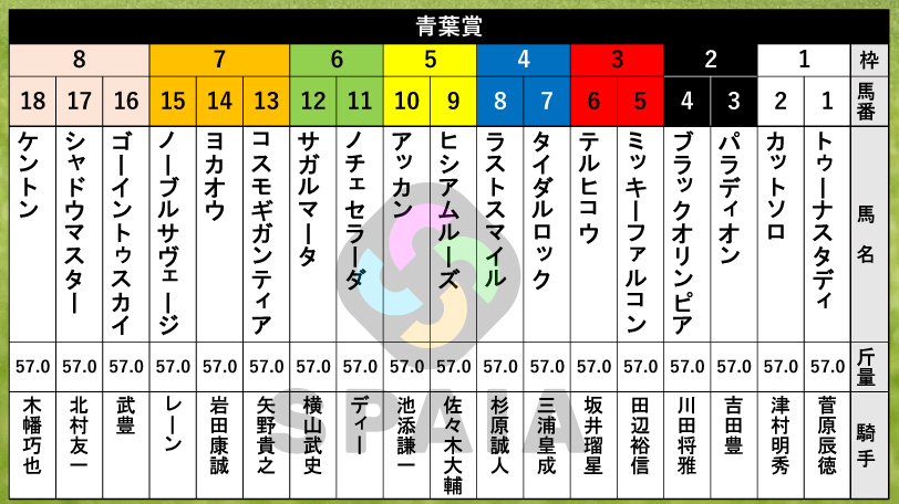 【青葉賞枠順】アザレア賞勝ち馬ブラックオリンピアは2枠4番　2戦2勝のノーブルサヴェージは7枠15番