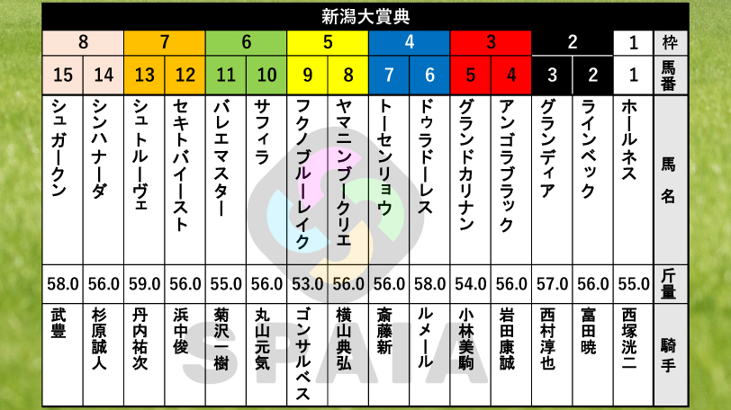 【新潟大賞典枠順】重賞で2着4回のドゥラドーレスは4枠6番　トップハンデ59kgのシュトルーヴェは7枠13番