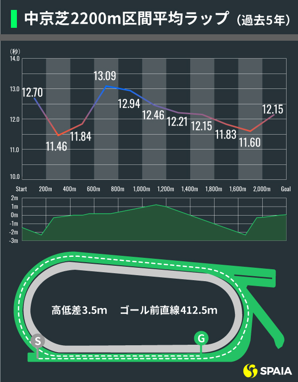 過去5年 中京芝2200m区間平均ラップインフォグラフィック