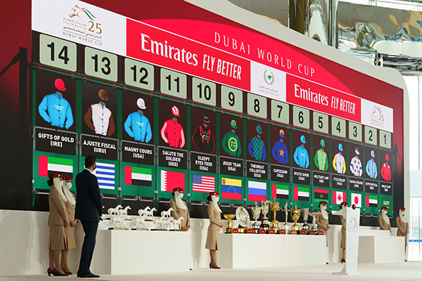 ドバイワールドカップの抽選結果が表示されるモニター