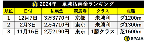 2024年　単勝払戻金ランキング