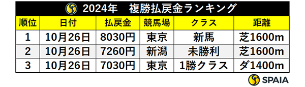 2024年　複勝払戻金ランキング