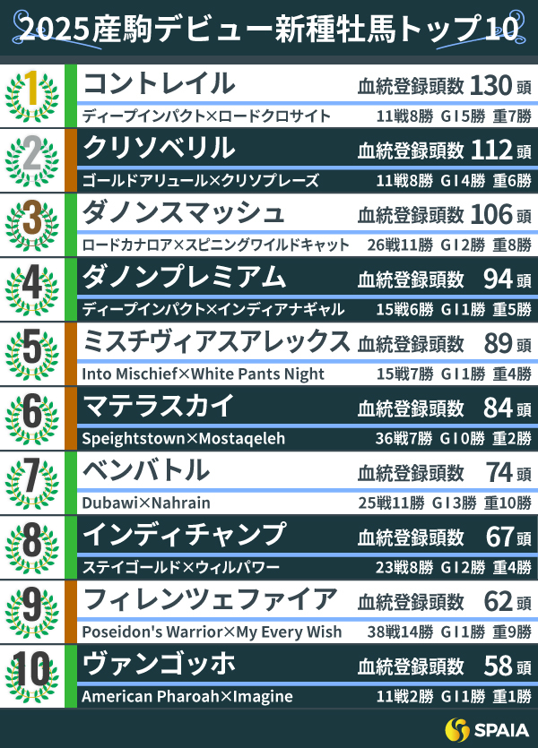 2025年産駒デビュー新種牡馬トップ10,ⒸSPAIA