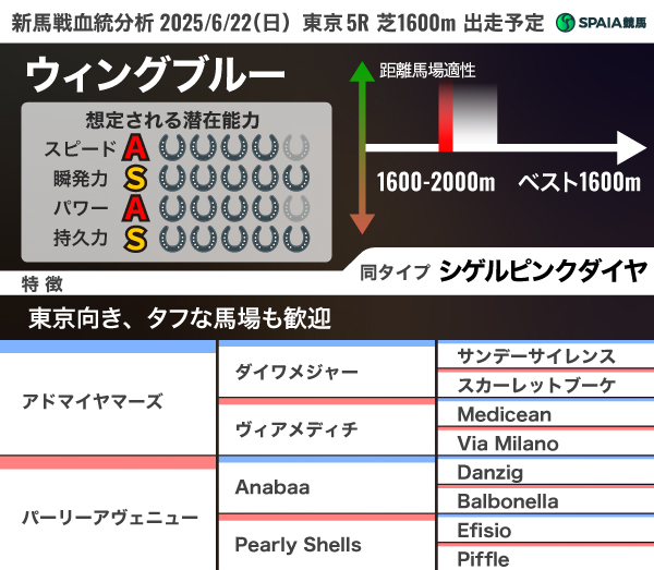 2025年6月22日（日）東京5R出走予定　ウィングブルーの血統分析,ⒸSPAIA