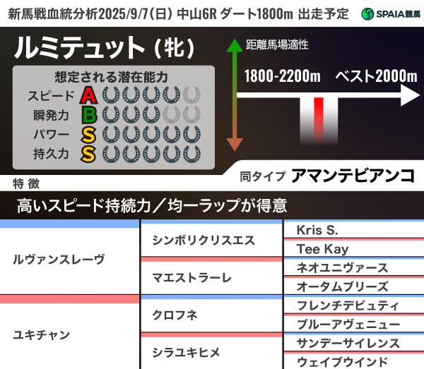 2025年9月7日（日）中山6R出走予定ルミテュットの血統分析,ⒸSPAIA