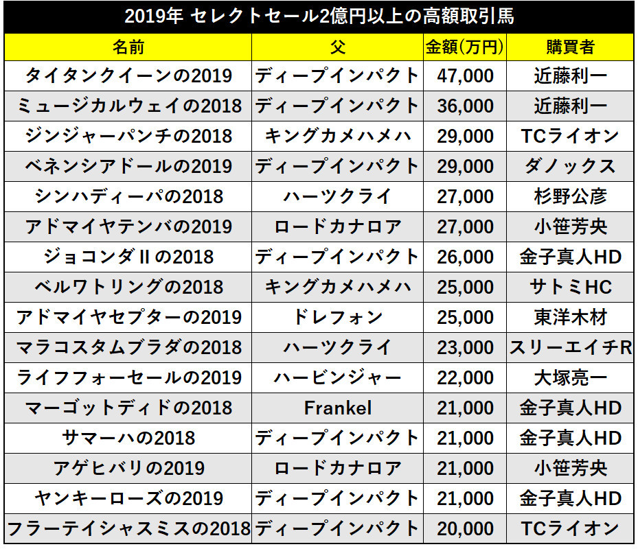 2019年 セレクトセール2億円以上の高額取引馬ⒸSPAIA